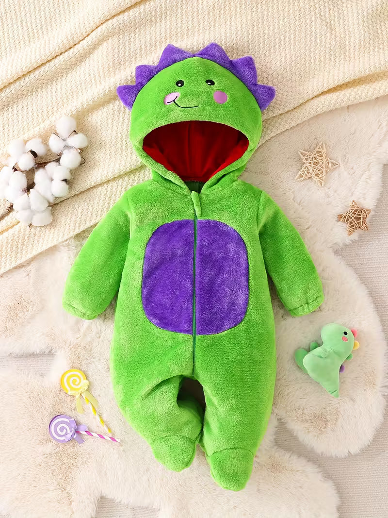 Körpə Qızlar üçün Dinozavr Başlıqlı Yumşaq Romper – Payız & Qış üçün Şirin Seçim