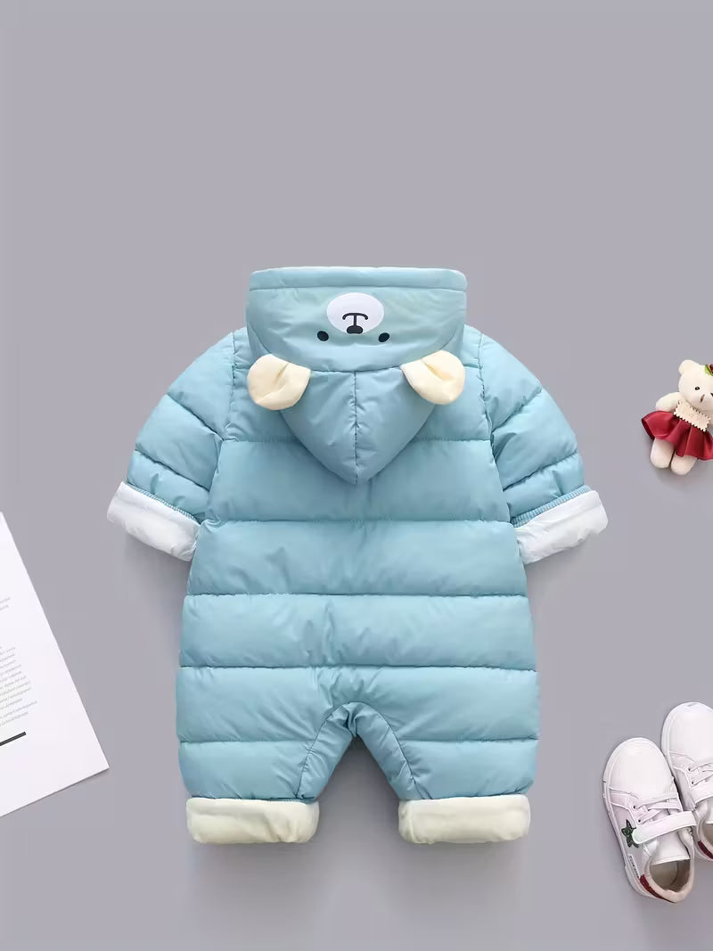 Uşaq Qış Snowsuit – Qapüşonlu, Ayı Naxışlı, Fleece Astarlı Romper, Fermuarlı Uzun Qol, 100% Polyester, Oğlan və Qız Üçün, Açıq Hava Üçün